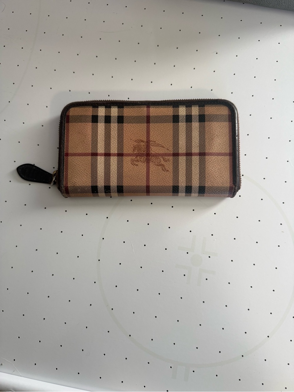 Burberry Tan Plaid Zip-Around Wallet with Dark Trim